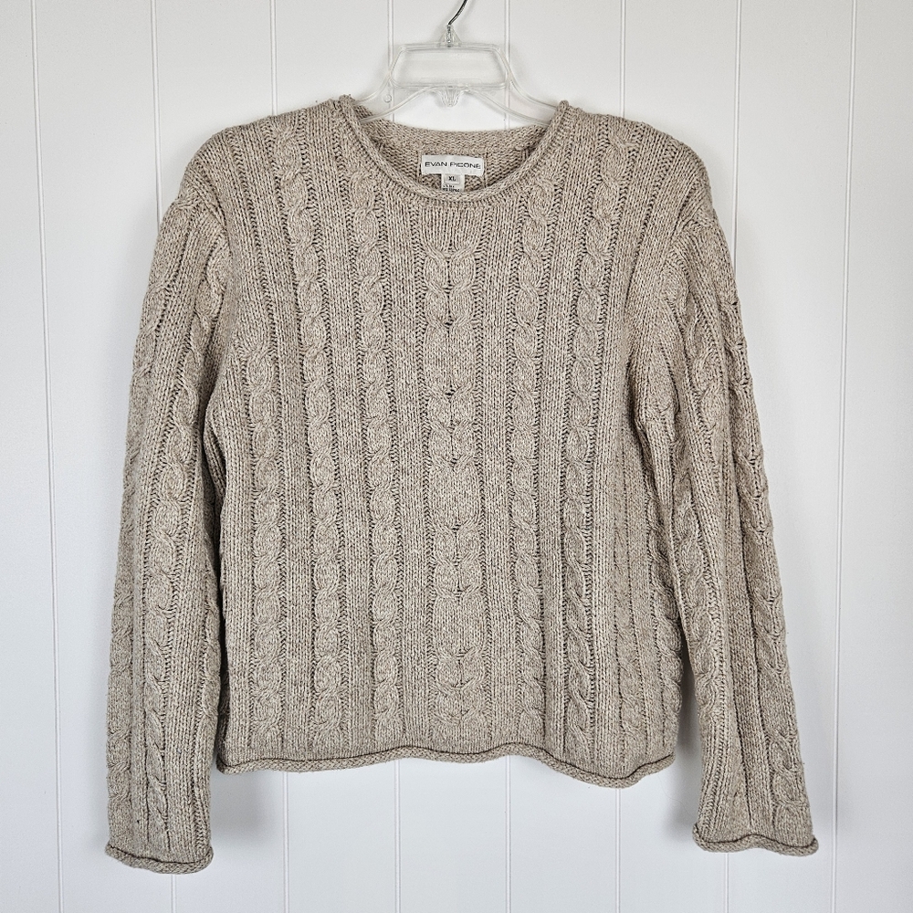 Vtg Cable Knit Sweater Womens Beige Rolled Hem Textured Fisherman Cabin XL Silk